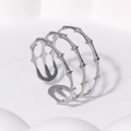 Adjustable silver stainless steel bamboo style ring with a minimalist multi-layered design - Adjustable / Silver