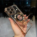 Clear iPhone 17 case with gold electroplated edges and magnetic folding ring stand - Gold Tone / iPhone 12