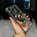 Transparent iPhone case with green magnetic ring stand and shockproof corner padding - 【azure Collar Green】 / iPhone 12