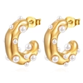 Elegant gold stainless steel C-shape hoop earrings with white pearl accents for women - Gold Pearl