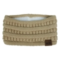 Detail of camel knit headband with white fleece lining and MOK leather label - Camel