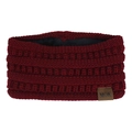 Detail of burgundy winter headband featuring warm black fleece lining and MOK leather patch - Burgundy