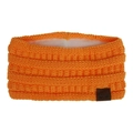 Detail of orange knit headband with soft white fleece lining and MOK leather logo patch - Neon Orange