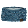 Detail of blue knit winter headband with soft lining and branded leather label - Blue Navy Beige