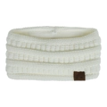 Close-up of white knitted ear warmer headband with a brown leather MOK label - White