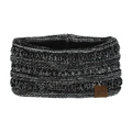 Detail of grey knitted winter headband with MOK leather patch and warm ribbed texture - Black Gray White