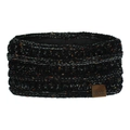 Detail of black fleece-lined knit headband with colorful spots and MOK leather label - Black Marl