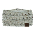 Detail of beige cable knit headband with warm white fleece lining and MOK leather tag - White Beige Marled