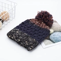 Navy blue and red knit beanie with gold silk threads and a fluffy pom-pom top - M (56-58cm) / Navy Blue