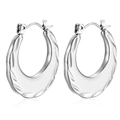 Fashionable silver stainless steel hoop earrings with textured crescent horn design - Engraved Texture Steel (MS-269)
