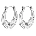 French vintage style stainless steel hoop earrings with engraved feather patterns - Feather Engraved Steel (MS-270)