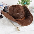 Brown woven straw cowboy sun hat with decorative band and adjustable windproof chin strap - Kids(52cm) / Dark Coffee