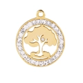 Detailed view of a golden Tree of Life pendant with sparkling rhinestones set in a round frame - Style 2 (KLJ2722-Z)