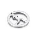 Macro shot of circular stainless steel pendant with cutout running woman motif - Steel Color (KLJ2633-Z)