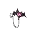 Gothic silver nose clip featuring black bat wings and a pink heart-shaped gemstone - Black Bat Pink Heart (FNN3111842)