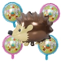 5-piece woodland party balloon set with hedgehog and cute animal patterns on white base - Hedgehog and Round Balloons Set