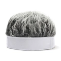 Retro brimless miki hat featuring creative silver grey curly wig hair on white cotton base - One Size / White Gray Hair