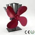 Detail van rode 4-bladige warmte-aangedreven kachelventilator met CE- en RoHS-labels - Rood