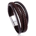 Pulsera de cuero trenzado marrón oscuro multicapa para hombre con cierre magnético plateado - Hebilla de Aleación de Plata + Marrón