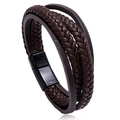 Pulsera multicapa de cuero trenzado marrón para hombre con cierre magnético negro - Hebilla de Aleación Negra + Marrón