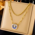 Collier double rang doré avec chaîne maille forçat et pendentif œil bleu à cristaux - Style Double Couche Trombone Œil de Diable (N2107)