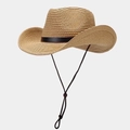 Sombrero de vaquero clásico de paja con banda de cuero negro y cordón ajustable - Caqui