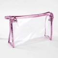 Large transparent PVC travel makeup bag with metallic pink faux leather trim and zipper - Large / Pink