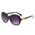 Retro black oval sunglasses for women with purple gradient lenses and gold bow accent - Black Frame Smoke Gray Lens