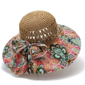 Detail of breathable straw hat crown with colorful paisley print brim and large bow - M (56-58cm) / Khaki (Printed)