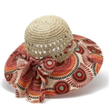 Bohemian straw sun hat for women with floral print ribbon bow and breathable hollow weave - M (56-58cm) / Beige
