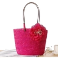 Pink woven straw tote bag with mesh flower detail and metallic ring handle for beach - Rose Red