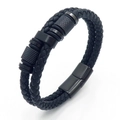 Men's double-layered black braided leather bracelet with black magnetic steel clasp - Style A Black (KB170737-SJ) / 19cm
