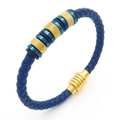 Pulsera de cuero trenzado azul con cierre magnético dorado y detalles en acero azul - Estilo A Dorado (KB170748-SJ)
