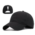 Detail of the ponytail hole opening on the back of this black athletic baseball cap - Adult, Adjustable / Black