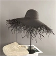 Dark grey hand-woven straw sun hat with large brim and frayed fringe edges for summer beach - M (56-58cm) / Black