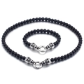 Conjunto punk de collar y pulsera de cuentas de obsidiana negra con dijes de calavera - Juego de Collar y Pulsera