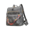 Gray matte PU leather backpack with vintage ethnic embroidery and colorful woven strap - Large / Gray