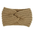 Detail shot of khaki cable knit texture and crossover design on women winter headband - Camel