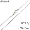 Hip hop silver stainless steel rope chain necklace 2mm width 60cm length lobster clasp - 2mm Width 600mm Length (KN228815-Z)