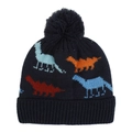 Navy blue knitted winter hat with colorful dinosaur patterns and a large fluffy pom-pom - Fits 1-4 Years / Navy Dinosaur