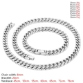 Silver-toned 8mm Cuban link necklace and bracelet set with detailed size specifications - 8mm Steel Color / Bracelet