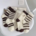 5-pack women's diamond pattern cotton socks in brown and beige with bear embroidery - Brown Series Five Pairs Mixed Set