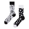 Detailed view of mismatched crew socks featuring black and white cat paw prints - One Size / Cat Paw Prints
