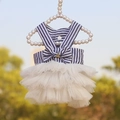 Striped pet princess dress with white mesh tutu and bow on a pearl hanger - White Striped