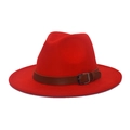 Detail of red fedora hat with flat brim featuring a brown leather belt and metal buckle - M (56-58cm) / Orange Red