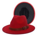 Detail of red wool fedora with brown leather strap and classic flat brim - M (56-58cm) / Red with Black Interior