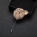 Beige fabric rose lapel pin for suits with golden leaf and silver metal stick needle - Khaki
