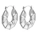 Polished silver stainless steel bamboo style hoop earrings with a textured ribbed design - Striped Horn Steel (MS-277)