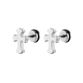 Detail view of silver stainless steel cross stud earrings with secure disc backings - Single Piece / Silver