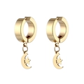 Detail of golden moon and star charms hanging from stainless steel hoop earrings - Clip-On Earrings / Single Piece / Gold